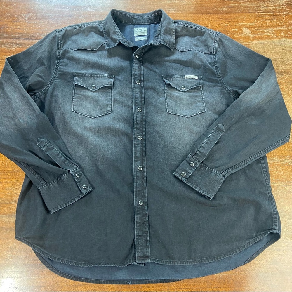 Mens Lucky Brand Chambray Denim Western Faded Look Charcoal Pearl Snap Shirt XXL